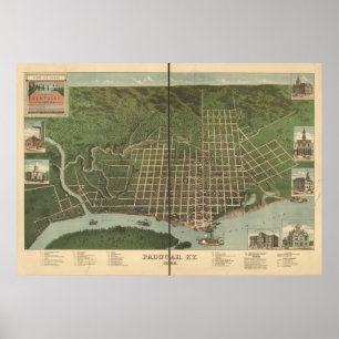 Póster Mapa Panorámico Antiguo de Paducah Kentucky 1889