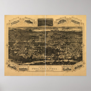 Póster Mapa panorámico antiguo de Philadelphia Penn 1876