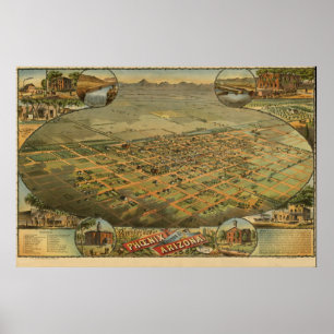 Póster Mapa panorámico antiguo de Phoenix Arizona 1885