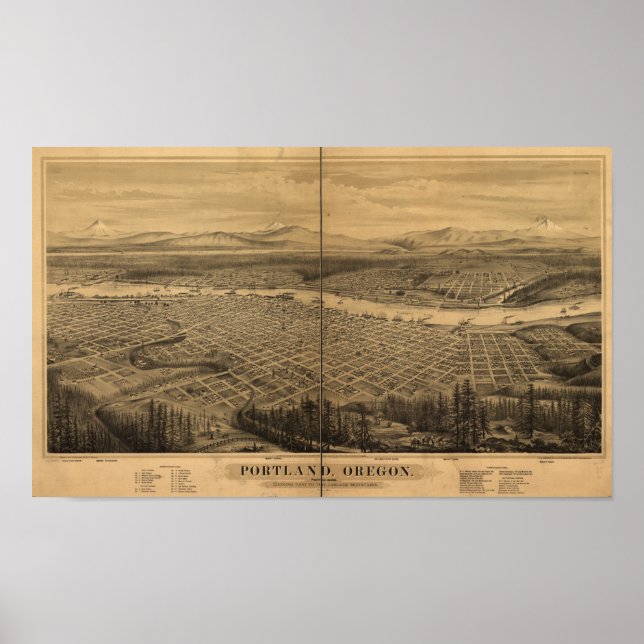 Póster Mapa Panorámico Antiguo de Portland Oregon 1879 (Frente)
