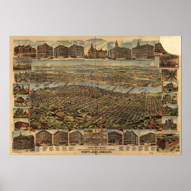Póster Mapa Panorámico Antiguo de Portland Oregon 1890 (Frente)