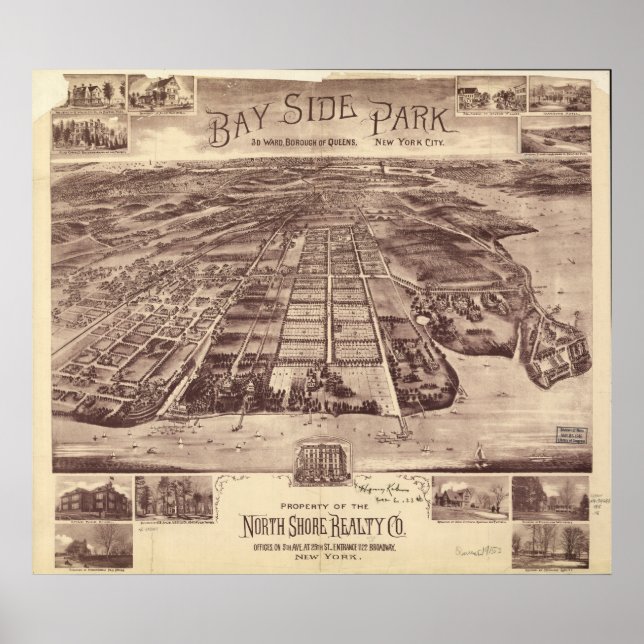 Póster Mapa Panorámico Antiguo de Queens New York 1915 (Frente)