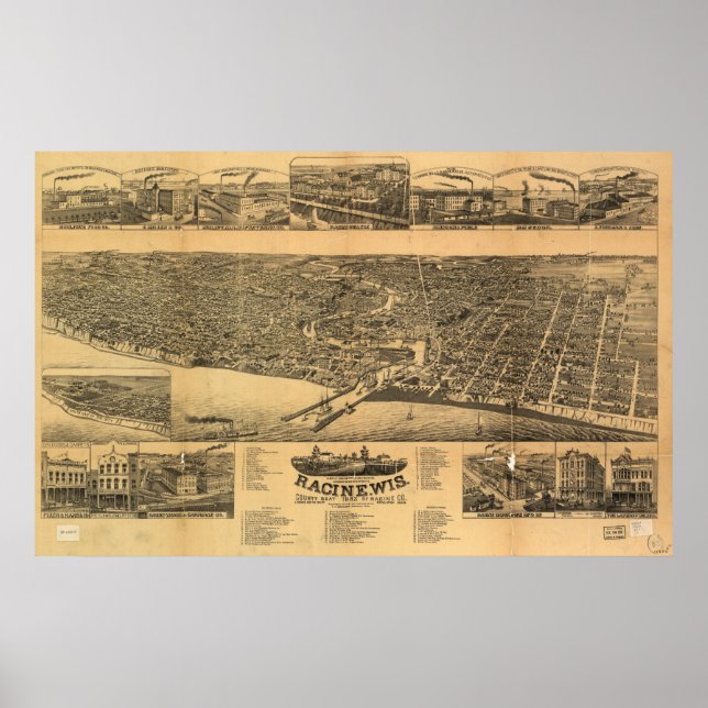 Póster Mapa panorámico antiguo de Racine WI 1883 (Frente)