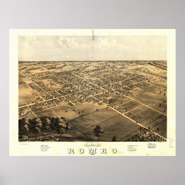Póster Mapa panorámico antiguo de Romeo Michigan 1868 (Frente)
