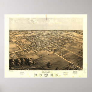 Póster Mapa panorámico antiguo de Romeo Michigan 1868
