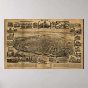 Póster Mapa panorámico antiguo de Sacramento California