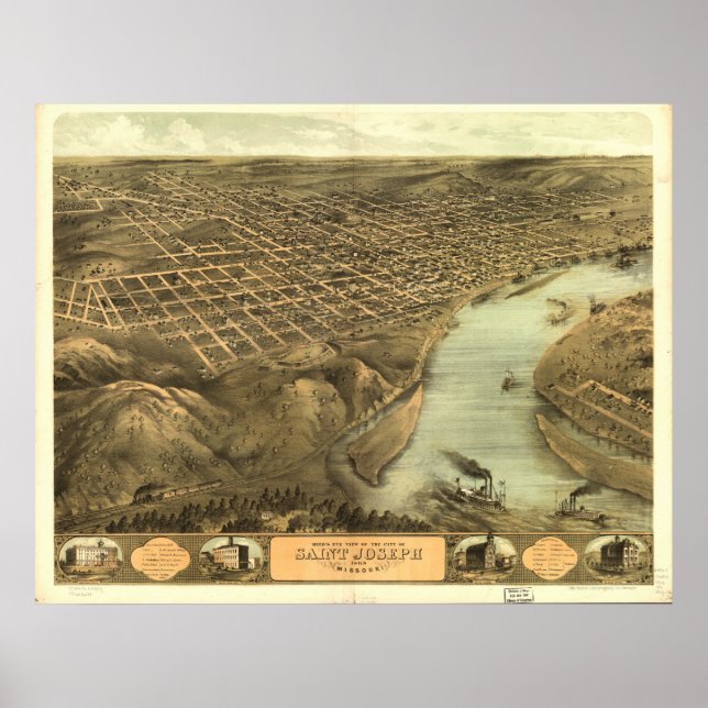 Póster Mapa Panorámico Antiguo de San José Misuri 1868 (Frente)