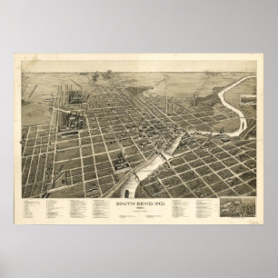 Póster Mapa panorámico antiguo de South Bend Indiana 1890