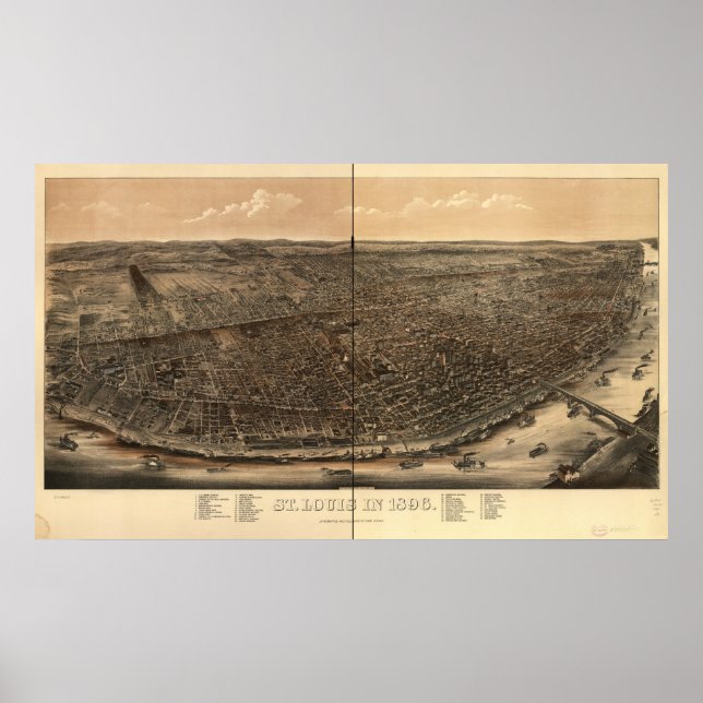 Póster Mapa Panorámico Antiguo de St. Louis Missouri 1896 (Frente)