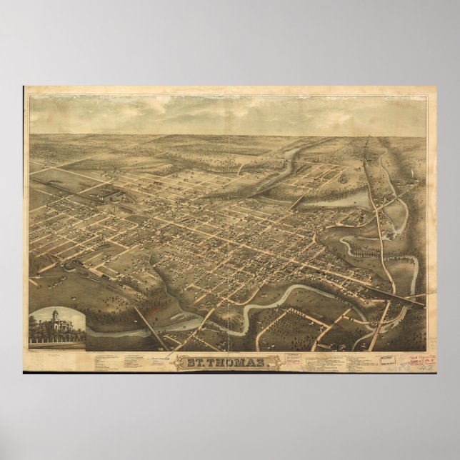 Póster Mapa Panorámico Antiguo de St Thomas Ontario 1896 (Frente)