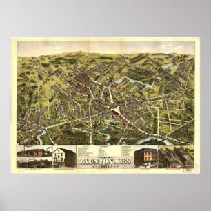 Póster Mapa panorámico antiguo de Taunton Massachusetts