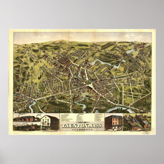 Póster Mapa panorámico antiguo de Taunton Massachusetts 1 (Frente)