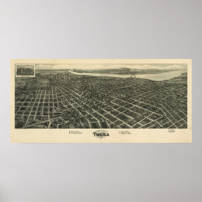 Póster Mapa panorámico antiguo de Tulsa Oklahoma 1918 (Frente)