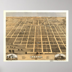 Póster Mapa panorámico antiguo de Urbana Illinois 1869