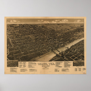 Póster Mapa panorámico antiguo de Waco Tejas 1886