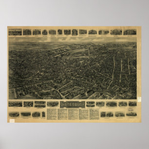 Póster Mapa panorámico antiguo de Waterbury Connecticut