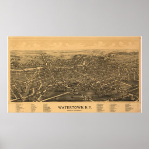 Póster Mapa panorámico antiguo de Watertown Nueva York