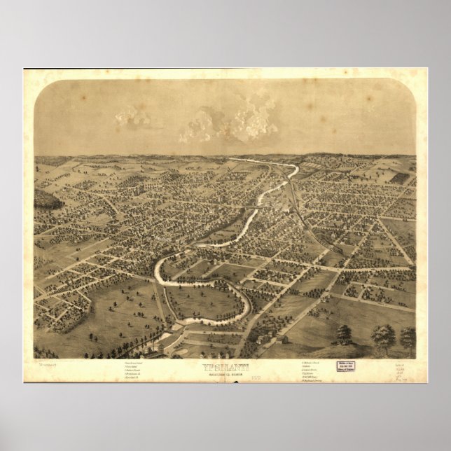 Póster Mapa panorámico antiguo de Ypsilanti Michigan 1868 (Frente)