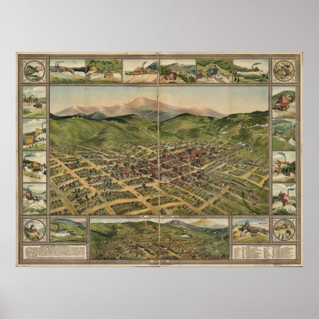 Póster Mapa Panorámico Cripple Creek Colorado 1896 (Frente)