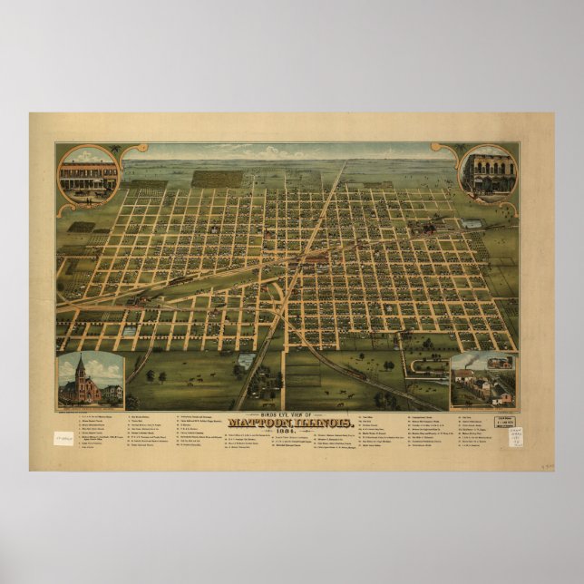 Póster Mapa panorámico de 1884 de Mattoon, IL Birds Eye V (Frente)
