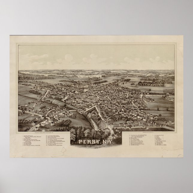 Póster Mapa Panorámico de 1892 Perry, NY Birds View (Frente)