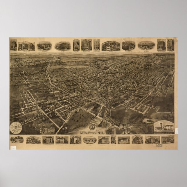 Póster Mapa Panorámico de 1921 Middletown, NY Birds Eye V (Frente)