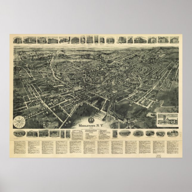 Póster Mapa Panorámico de 1922 Middletown, NY Birds Eye V (Frente)