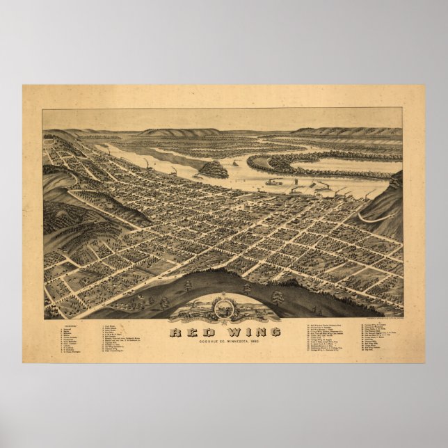 Póster Mapa Panorámico de Ala Roja Minnesota 1880 (Frente)