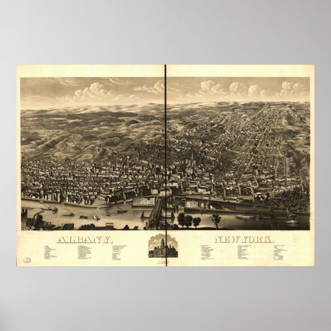 Póster Mapa Panorámico de Albany, NY Birds View 1879 (Frente)