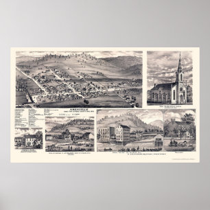 Póster Mapa Panorámico de Amesville, OH - 1875