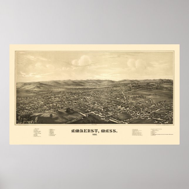 Póster Mapa panorámico de Amherst, MAMÁES - 1886 (Frente)