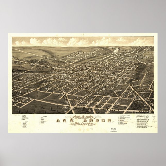 Póster Mapa Panorámico de Ann Arbor de 1880, MI Birds Eye (Frente)