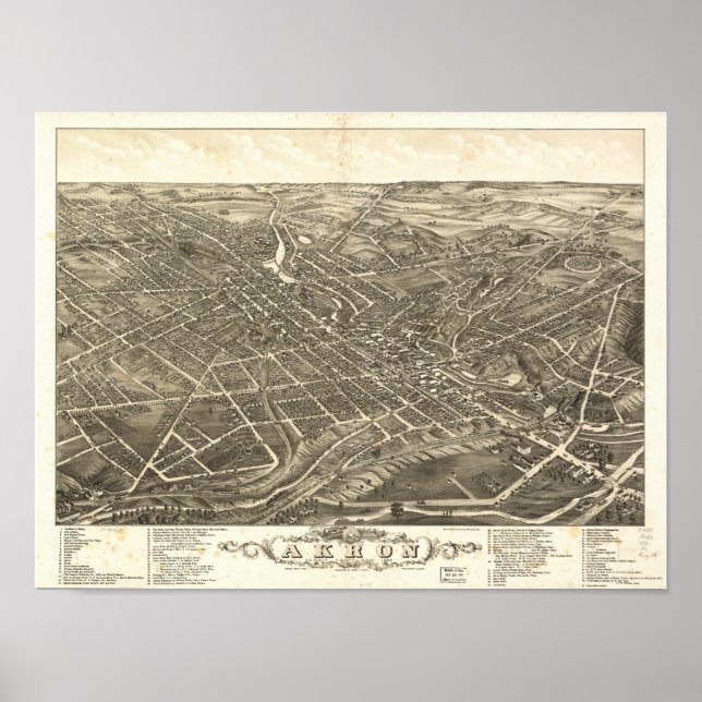 Póster Mapa Panorámico de Antigüedades Akron Ohio 1882 (Frente)