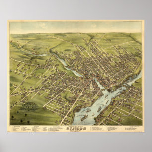 Póster Mapa panorámico de antigüedades Bangor Maine 1875