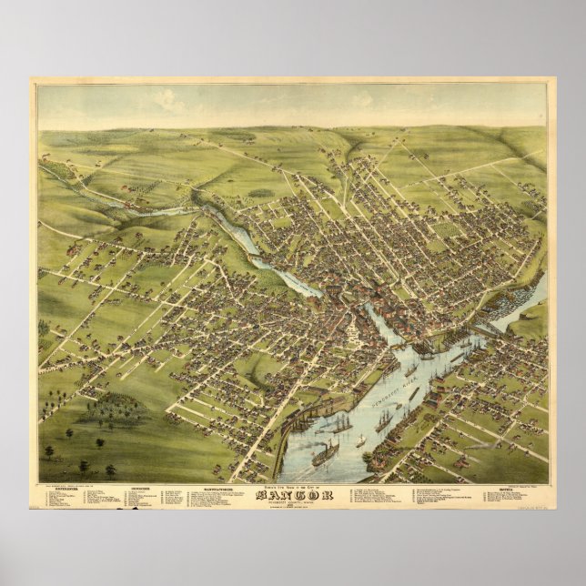 Póster Mapa panorámico de antigüedades Bangor Maine 1875 (Frente)