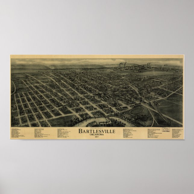 Póster Mapa Panorámico de Antigüedades de Bartlesville Ok (Frente)