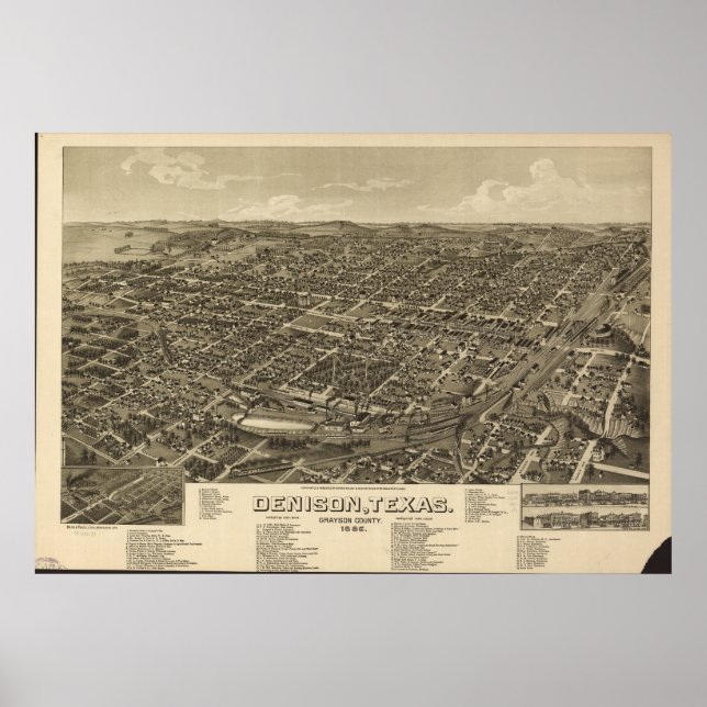Póster Mapa Panorámico de Antigüedades de Denison Texas 1 (Frente)