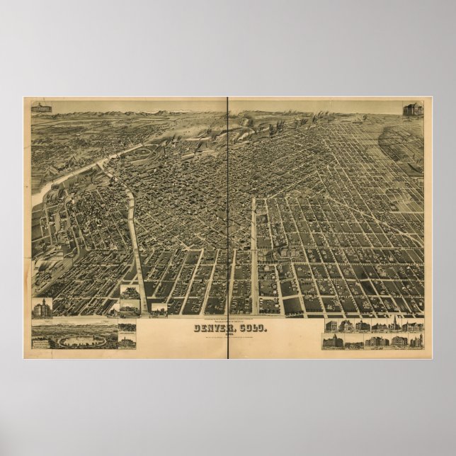 Póster Mapa Panorámico de Antigüedades de Denver Colorado (Frente)