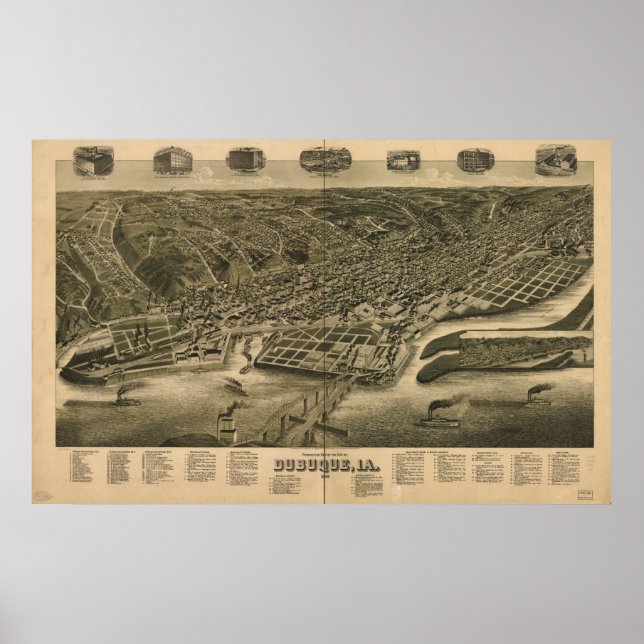 Póster Mapa Panorámico de Antigüedades de Dubuque Iowa 18 (Frente)