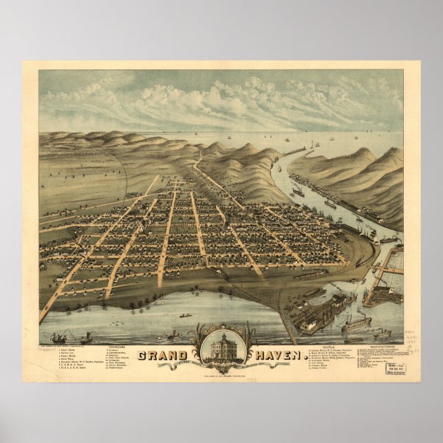 Póster Mapa Panorámico de Antigüedades de Grand Haven Mic (Frente)