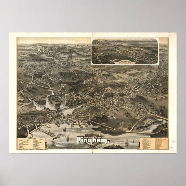 Póster Mapa Panorámico de Antigüedades de Hingham Massach (Frente)
