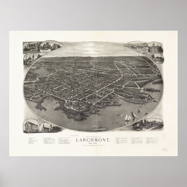 Póster Mapa Panorámico de Antigüedades de Larchmont New Y (Frente)
