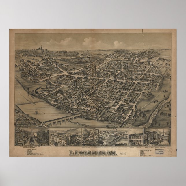 Póster Mapa Panorámico de Antigüedades de Lewisburg Penns (Frente)