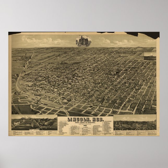 Póster Mapa panorámico de antigüedades de Lincoln Nebrask (Frente)