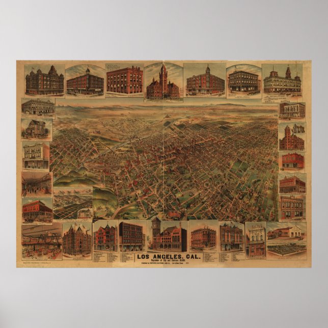 Póster Mapa Panorámico de Antigüedades de Los Ángeles Cal (Frente)