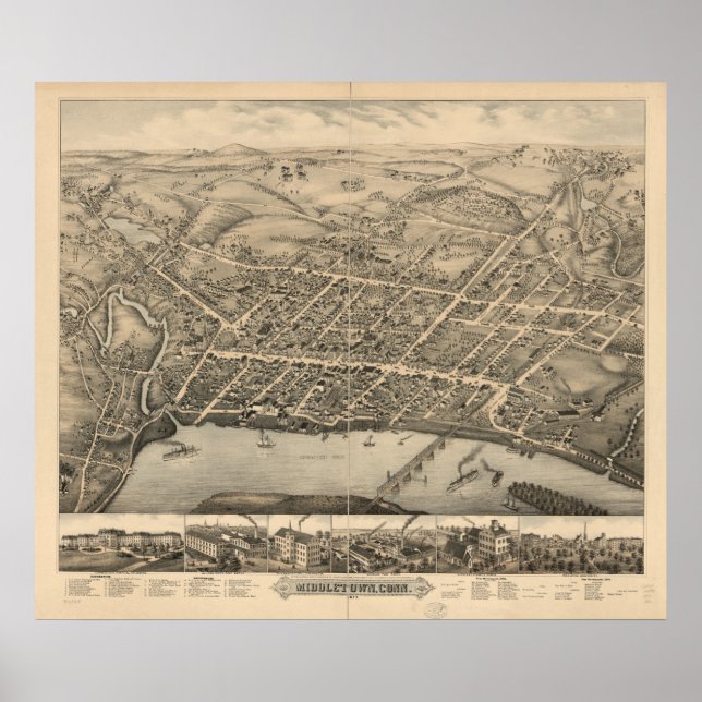 Póster Mapa Panorámico de Antigüedades de Middletown Conn (Frente)