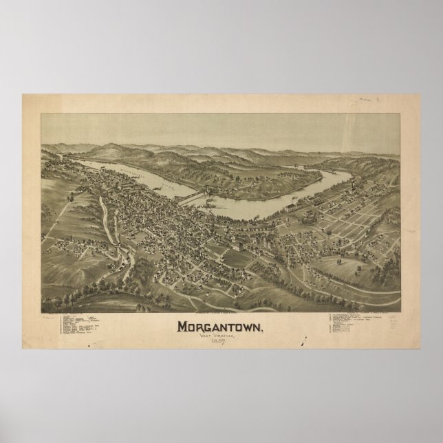 Póster Mapa Panorámico de Antigüedades de Morgantown W. V (Frente)