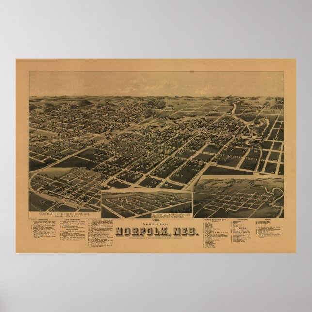 Póster Mapa Panorámico de Antigüedades de Norfolk Nebrask (Frente)