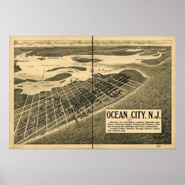 Póster Mapa panorámico de antigüedades de Ocean City New  (Frente)
