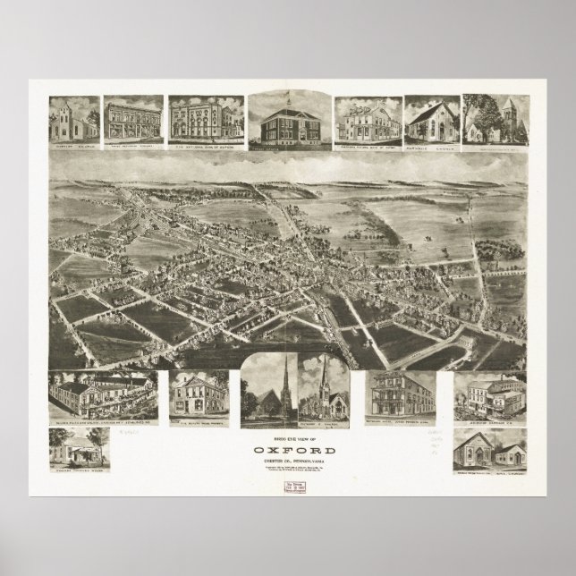 Póster Mapa Panorámico de Antigüedades de Oxford Pennsylv (Frente)